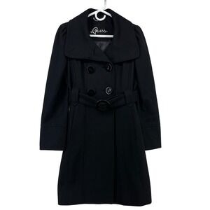 Guess SZ S Black Wool Blend Double Breasted Belted Trench Coat Pleated Longline